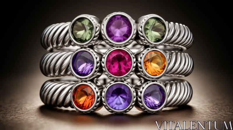 Colorful Gemstone Silver Rings on Dark Brown Background AI Image