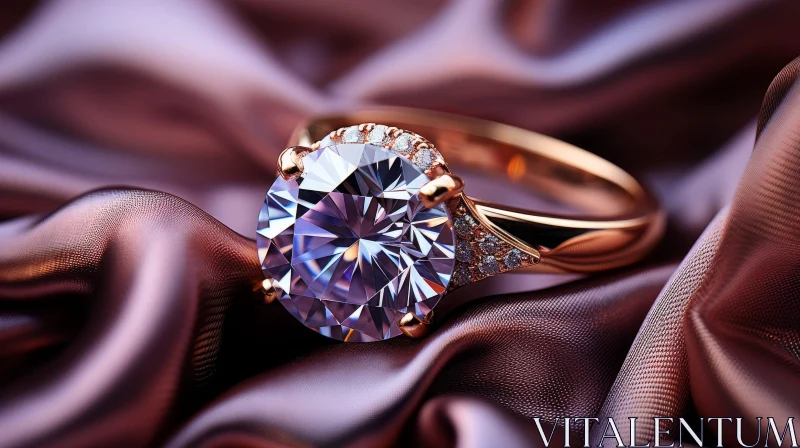 AI ART Exquisite Yellow Gold Diamond Ring on Purple Silk