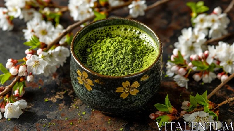 Floral Ceramic Bowl with Vibrant Green Matcha Powder AI Image