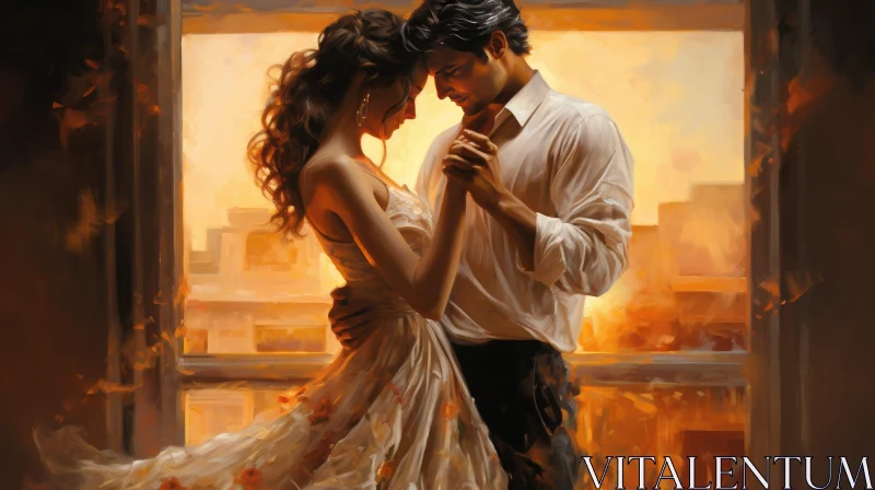 Intimate Dance Painting in Room with Cityscape View AI Image