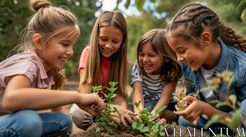 Joyful Girls Planting a Plant in the Soil AI Image