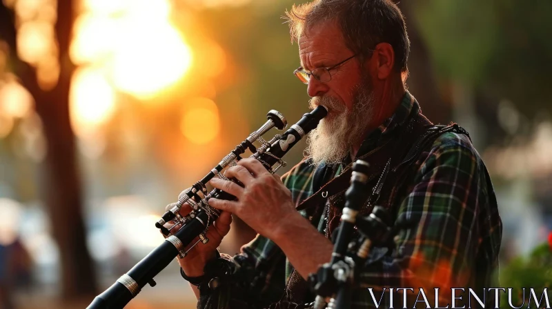 Man Playing Clarinet Outdoors at Sunset AI Image