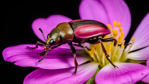 Metallic Wood-Boring Beetle on Pink Flower