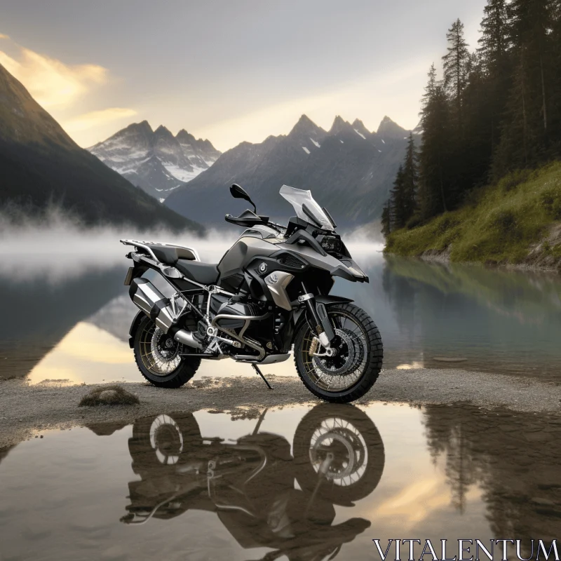 Nature's Essence: BMW Motorcycle Parked near Serene Water Body AI Image