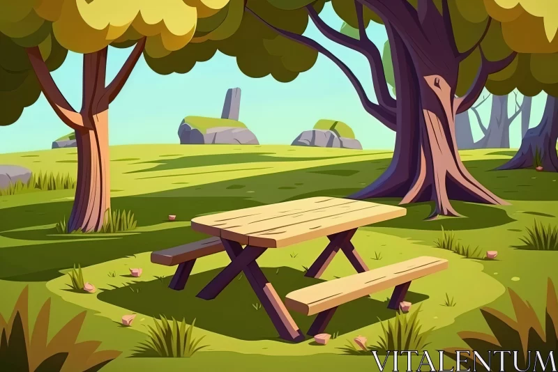 Outdoor Picnic Table Illustration with Countryside Landscape AI Image