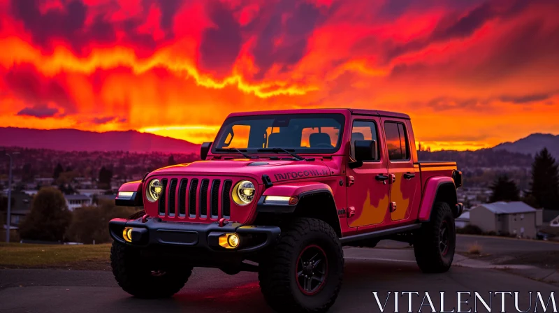 Pink Jeep Truck at Sunset: Psychedelic-inspired 8k Image AI Image