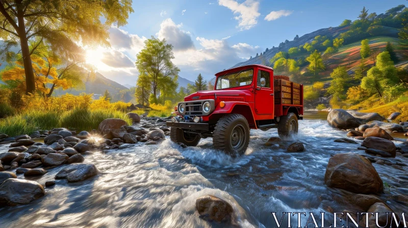 Red Pickup Truck Crossing River in Mountain Landscape AI Image