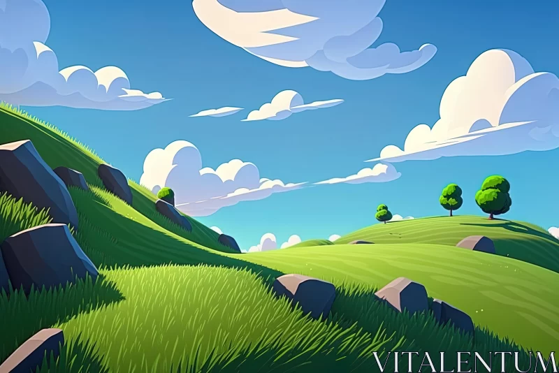 Serene Pastoral Scene: Hilltop with Grass and Clouds AI Image