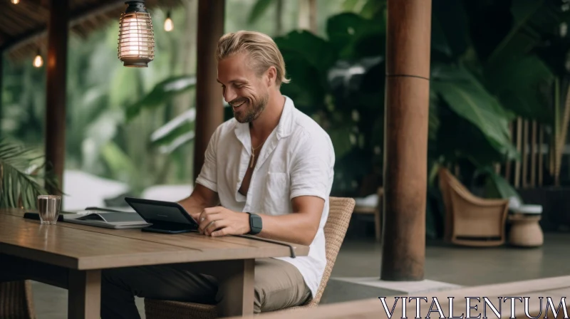 Smiling Man on Terrace with Tablet AI Image