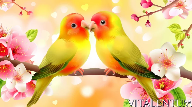 Two Parrots on Branch with Pink and White Flowers AI Image