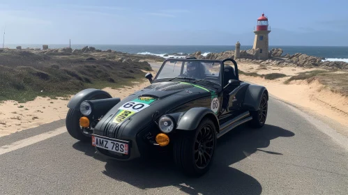 Unique Three-Wheeled Car Near Ocean with Lighthouse Background