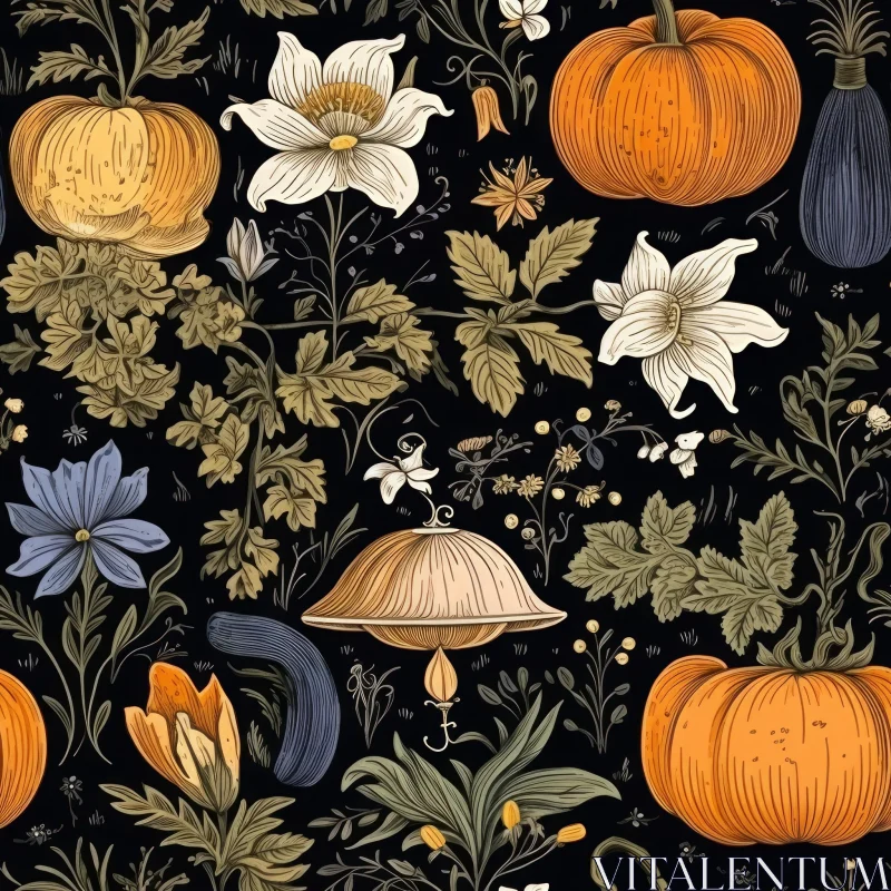 AI ART Vintage Pumpkin and Floral Seamless Pattern
