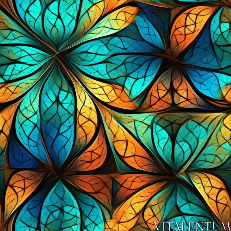 AI ART Blue and Orange Stained Glass Floral Pattern