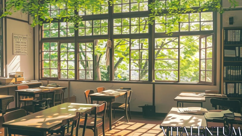 Captivating Classroom with Open Windows and Nature Views AI Image