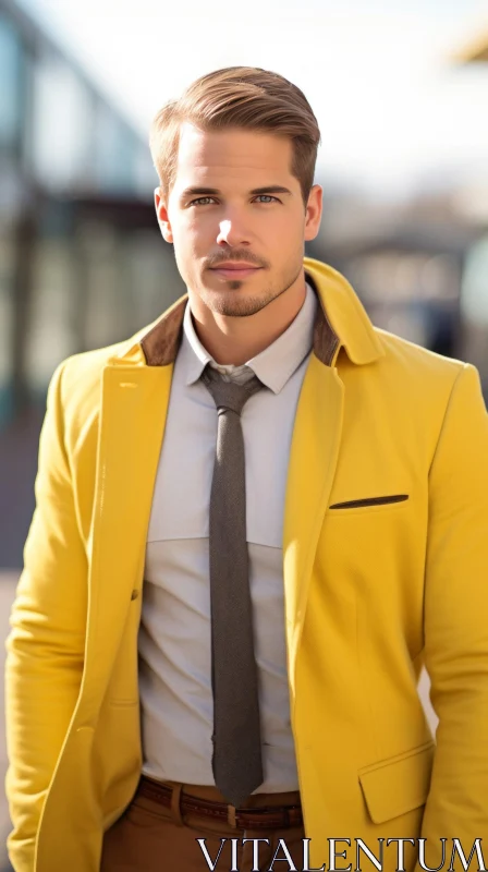 Confident Young Man in Yellow Coat - Stylish Portrait AI Image