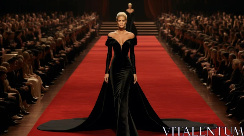 Elegant Fashion Model on Runway in Black Evening Gown AI Image