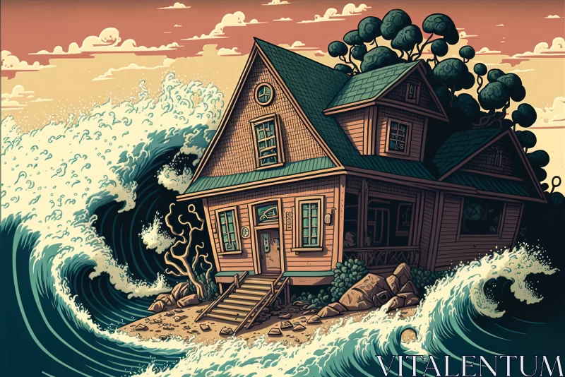 House in the Waves - Hyper-detailed Illustration with a Surrealistic Twist AI Image