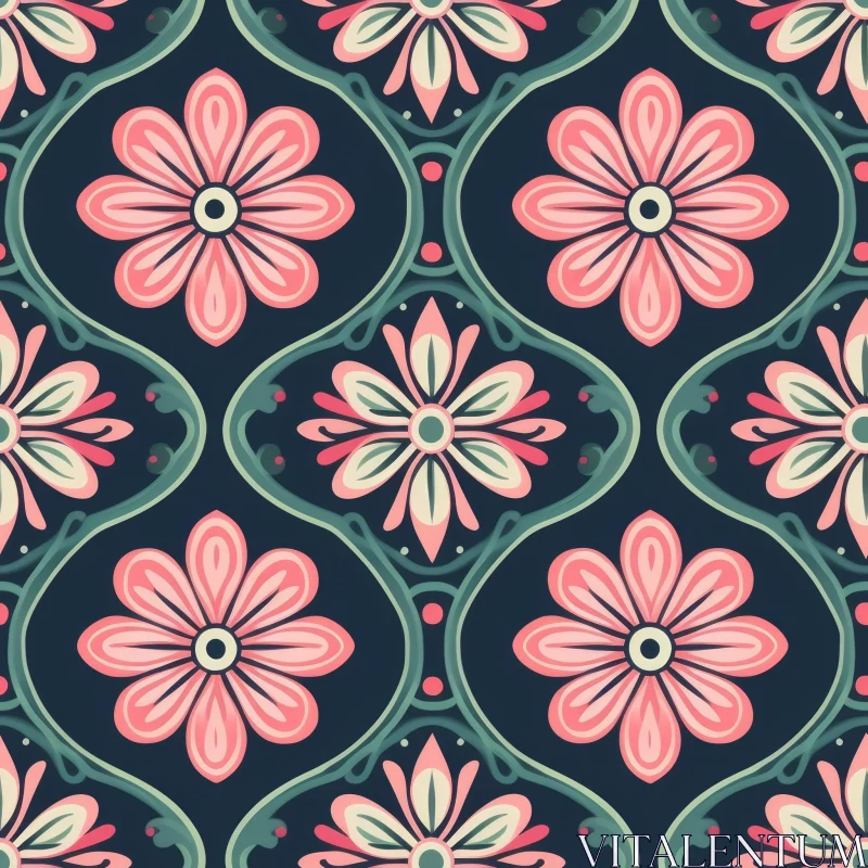 Pink and White Flower Pattern on Dark Blue Background AI Image