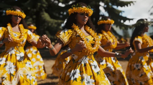 Polynesian Women Dancing the Hula in Traditional Hawaiian Dress