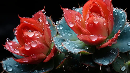 Red Flowers with Dew Drops: Close-up Studio Image
