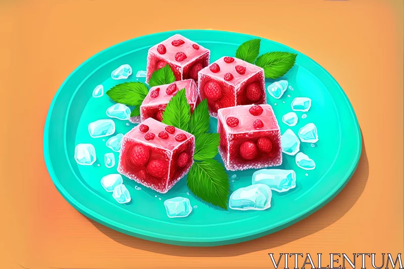 AI ART Refreshing Plate of Ice Cubes with Strawberries - Unique Art Style