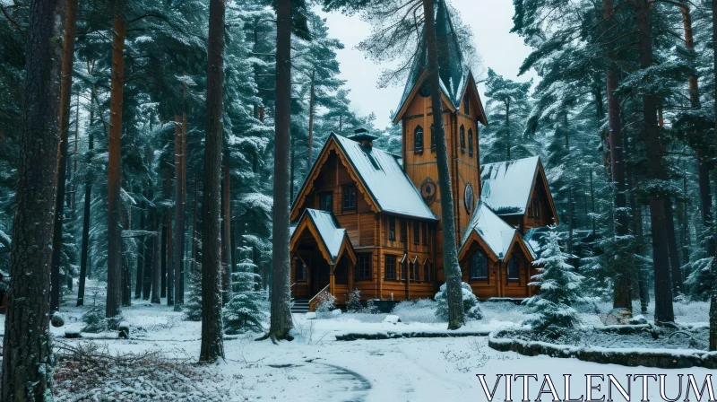 Serene Winter Landscape with Wooden Church in Snowy Forest AI Image