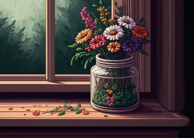 Vibrant Flowers on Window Sill - 2D Game Art Style