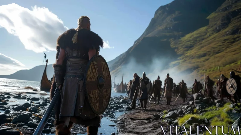 Vikings on Beach: Ancient World Warriors Embarking on a Battle AI Image