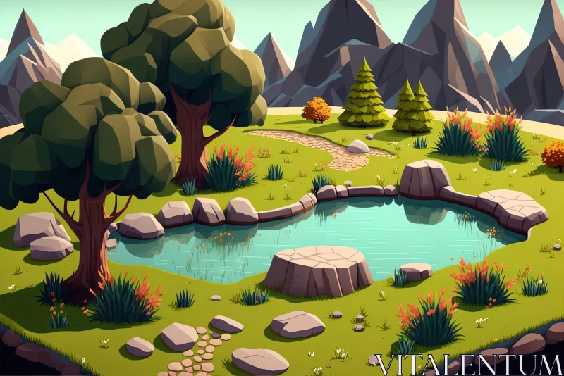 Whimsical Cartoon-Style Mountain Landscape with Pond and Rocks AI Image