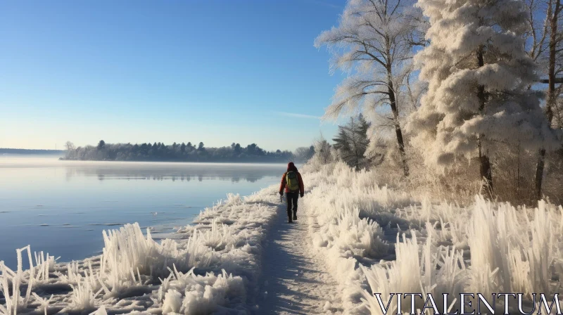 Winter Hiking on Frozen Lake with Snow-Covered Trees AI Image