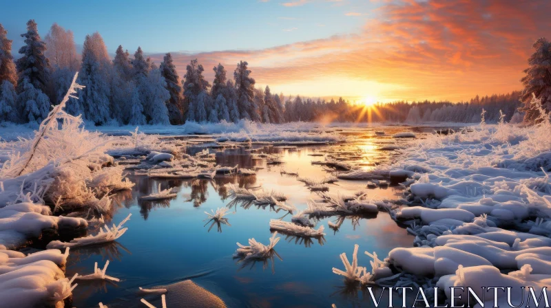Winter Landscape: Frozen River and Sunset Sky AI Image