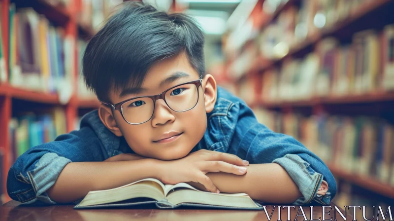 Young Asian Boy in a Library | Portrait Photography AI Image