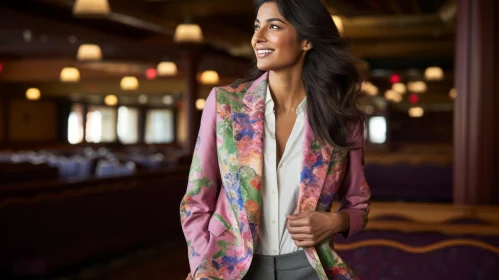 Young Indian Woman in Pink Floral Blazer at Restaurant