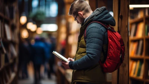 Young Man Reading Book in Crowded Bookstore