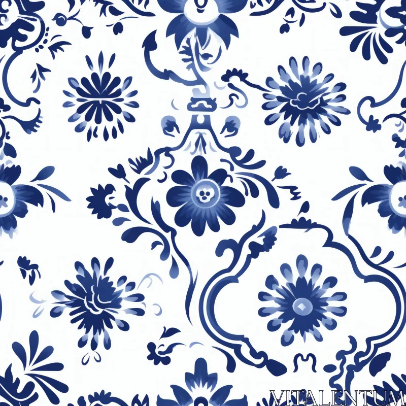 AI ART Blue and White Delft Pottery Floral Pattern