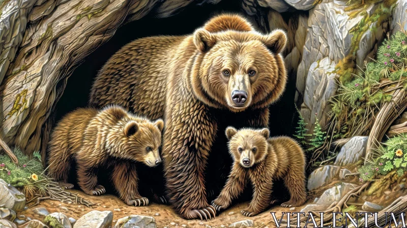 AI ART Brown Bear and Cubs Painting in Cave