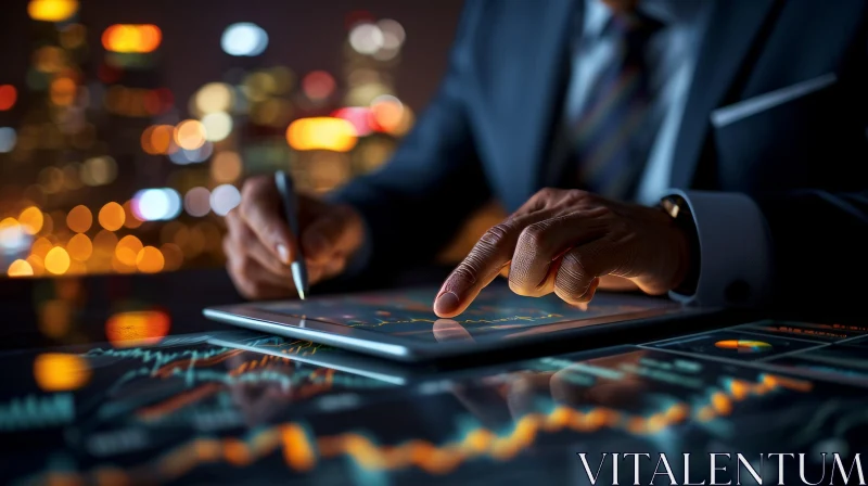 AI ART Businessman Analyzing Financial Data with Tablet in Dark Office