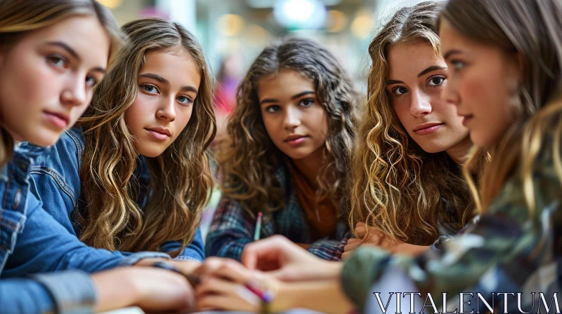 Captivating Image of Serious Teenage Girls in a Public Setting AI Image