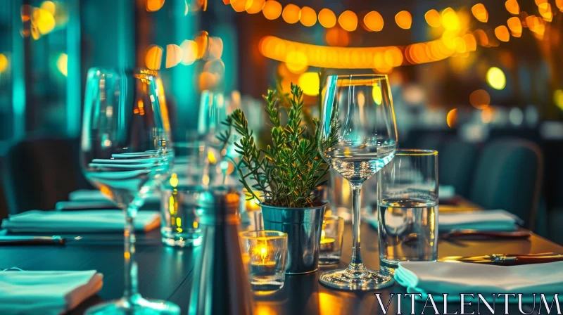 Close-up Table Setting in a Restaurant with Wine Glass, Water Glass, and Candle AI Image