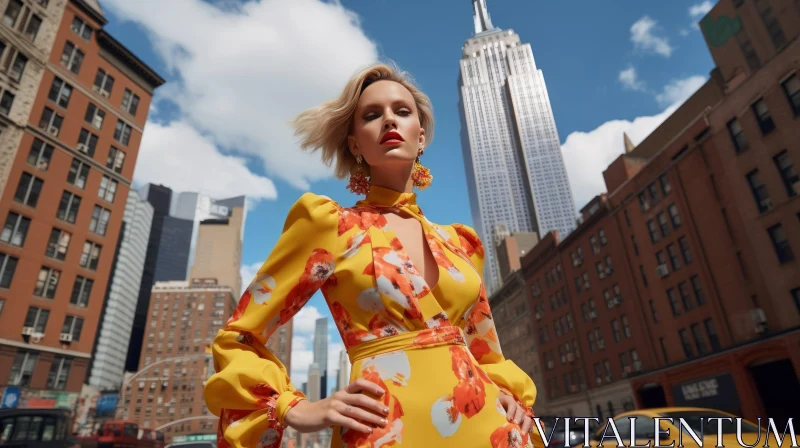 Confident Fashion Model in Yellow Dress and Empire State Building Background AI Image