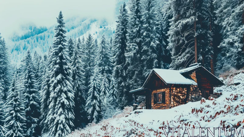 Cozy Cabin in Snowy Forest - Natural Beauty Captured AI Image