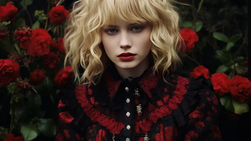 Elegant Woman in Black Dress with Red Floral Embroidery