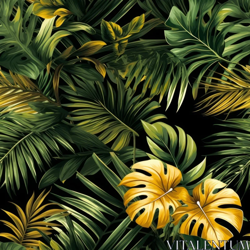 Intricate Tropical Leaf Pattern - Black Background AI Image