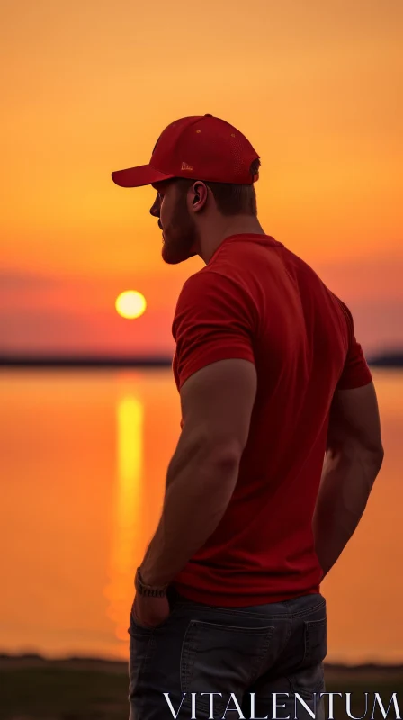 Man by Lake at Sunset AI Image