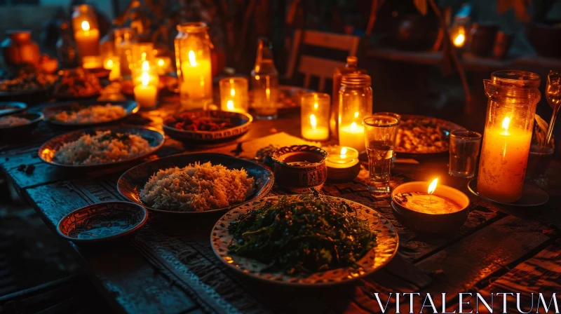 Night Scene Table Setting with Food and Candles AI Image