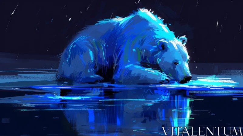 Polar Bear Digital Painting on Ice in Dark Blue Sea AI Image