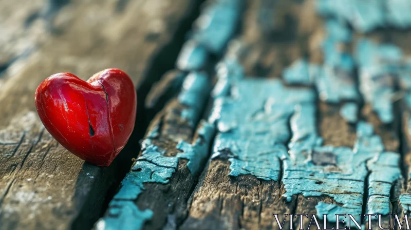 Red Heart-Shaped Stone on Wooden Background AI Image