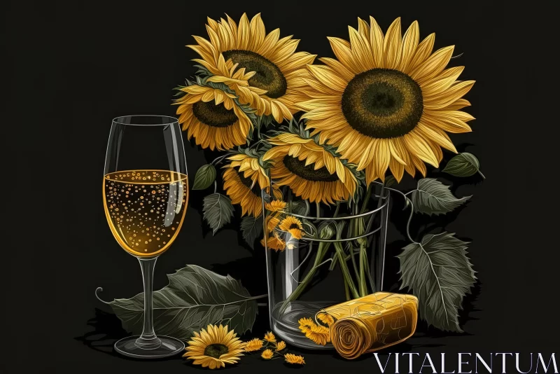 Romantic Illustration of Sunflowers and Champagne on a Black Background AI Image