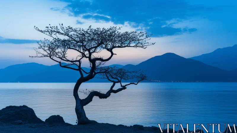 AI ART Solitary Tree on Lake Shore - Serene Nature Landscape