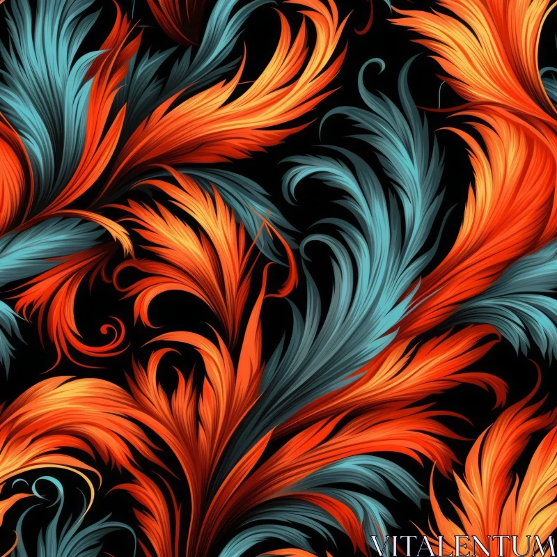 Swirling Blue and Orange Feathers Pattern AI Image